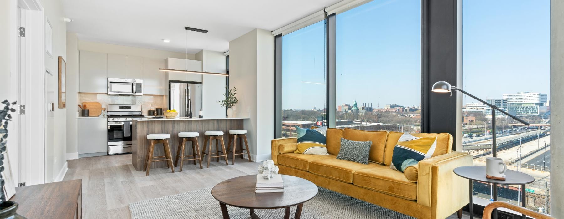 a living room with a large window
