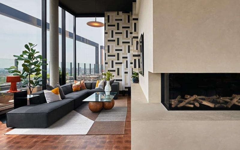 a living room with a fireplace