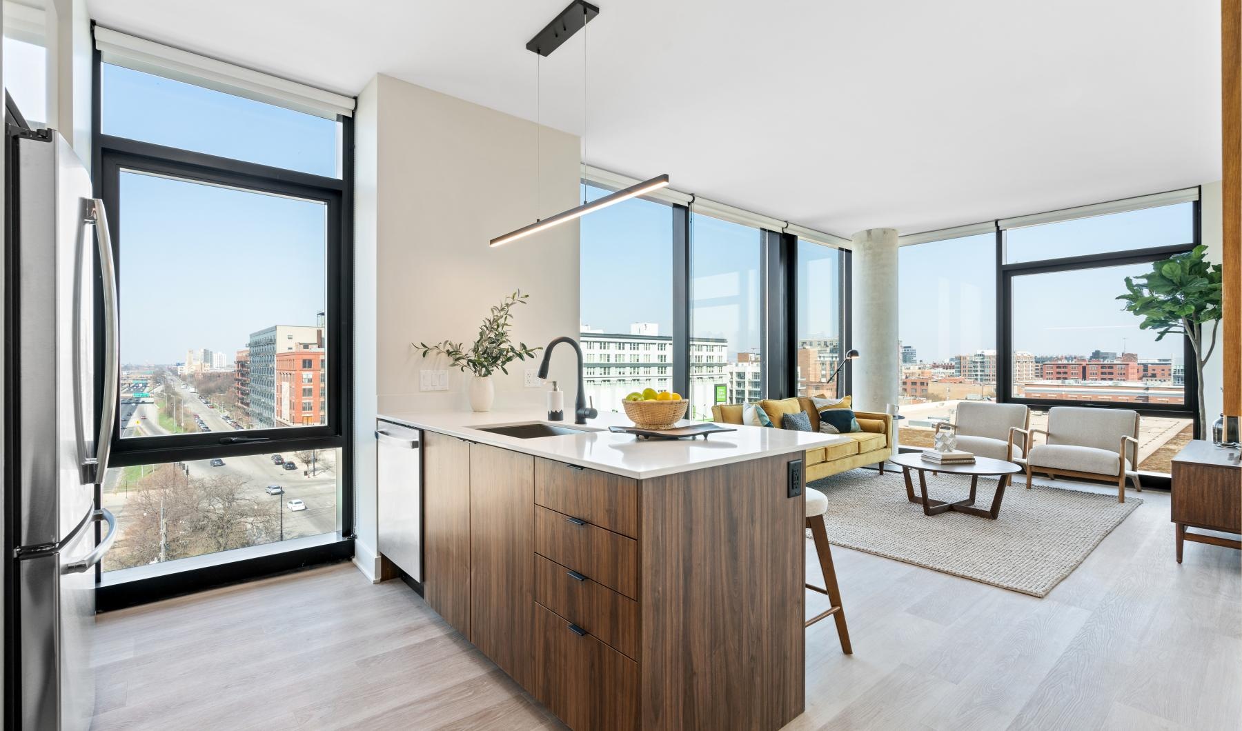 a kitchen with a large window